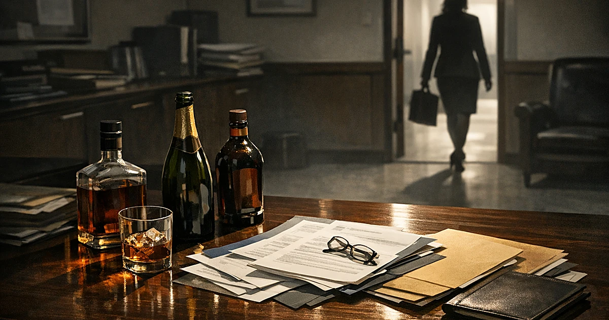 Liquor bottles on government office desk with silhouetted figure departing through doorway