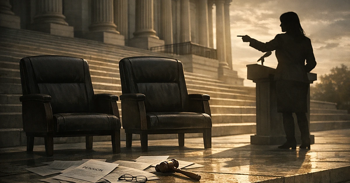 Silhouette at podium gesturing toward two empty chairs with pension documents scattered on marble steps