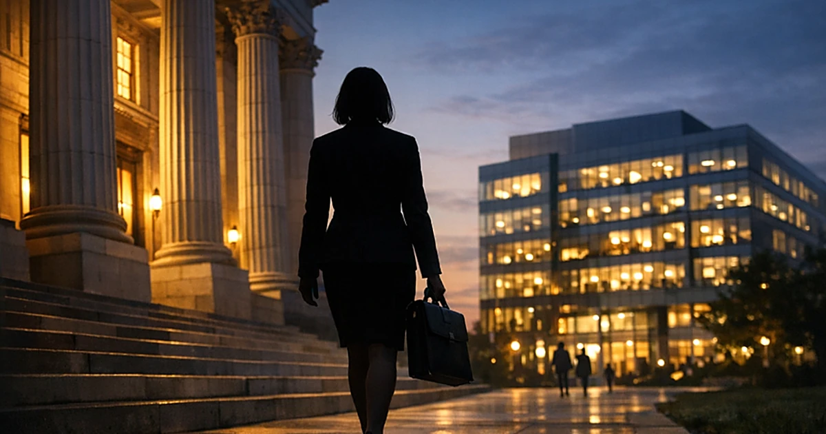 Silhouetted professional walking from classical government building toward modern office building at dusk