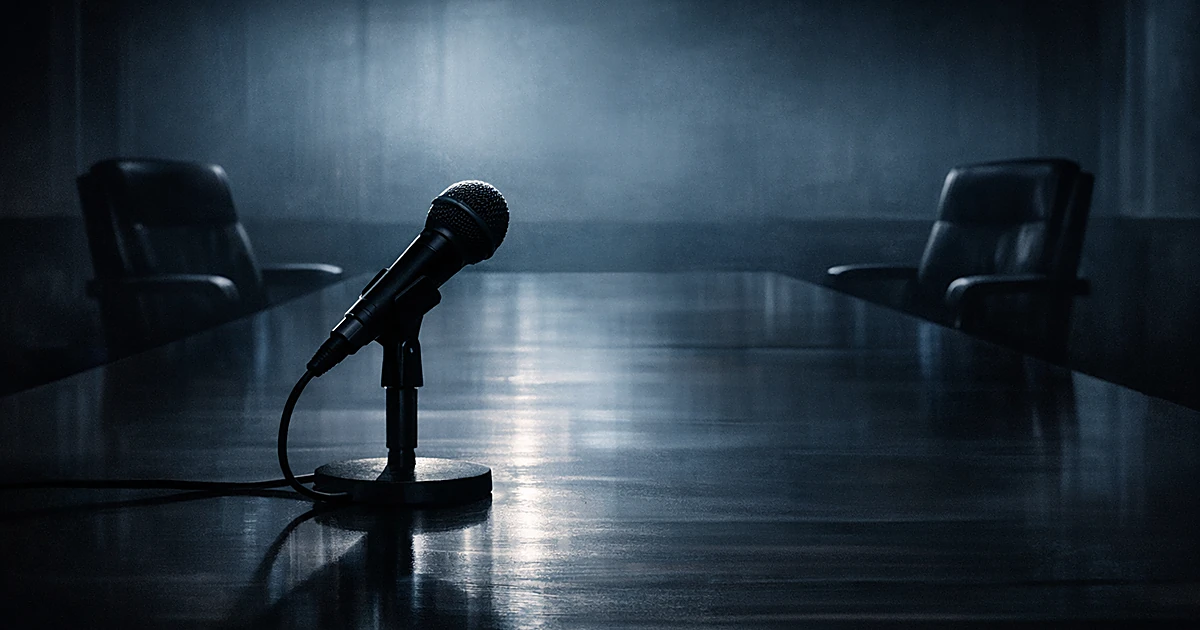 Empty chairs at opposite ends of conference table with microphone in foreground, dramatic shadows suggesting political divisi