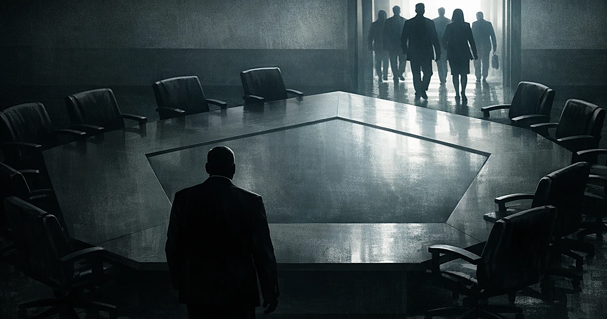 Empty chairs around Pentagon-shaped table with silhouetted figure standing alone as others exit through doorway