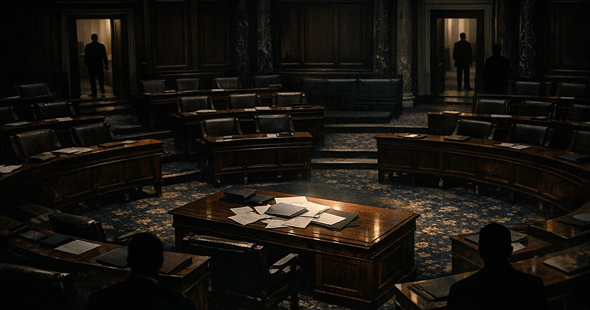 Empty Senate chamber with spotlight on documents at central desk, silhouetted figures in doorways, dramatic shadows