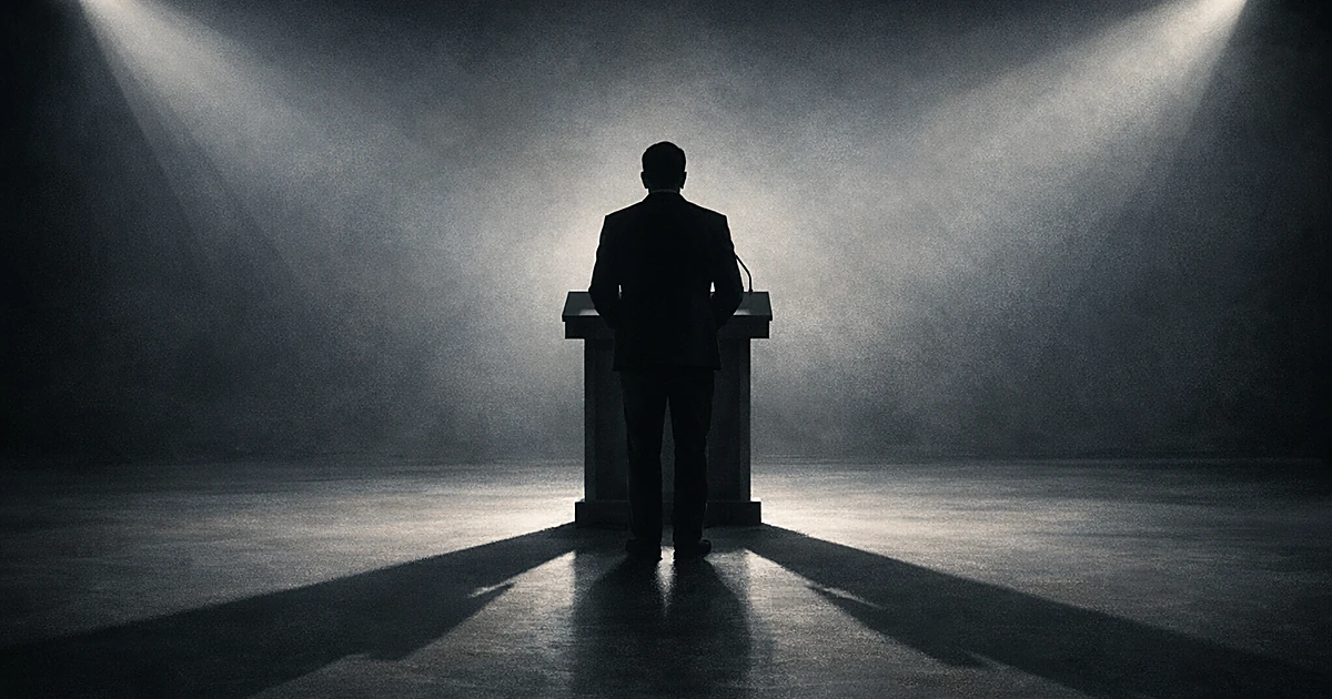 Silhouetted figure at podium with two opposing spotlights casting split shadows in different directions