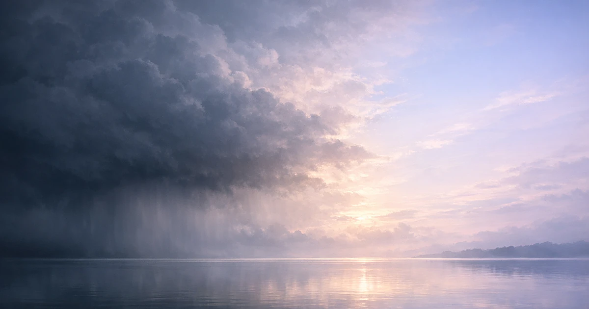 Abstract image of storm clouds giving way to soft light over calm water