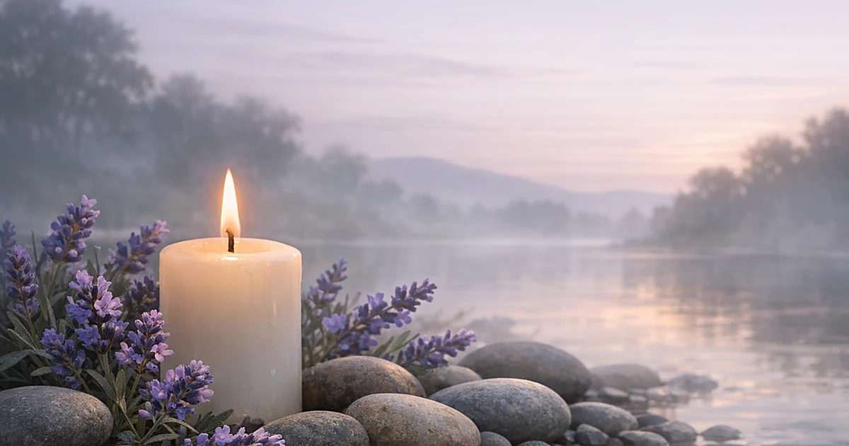 Soft dawn landscape with glowing candle surrounded by lavender flowers and smooth stones