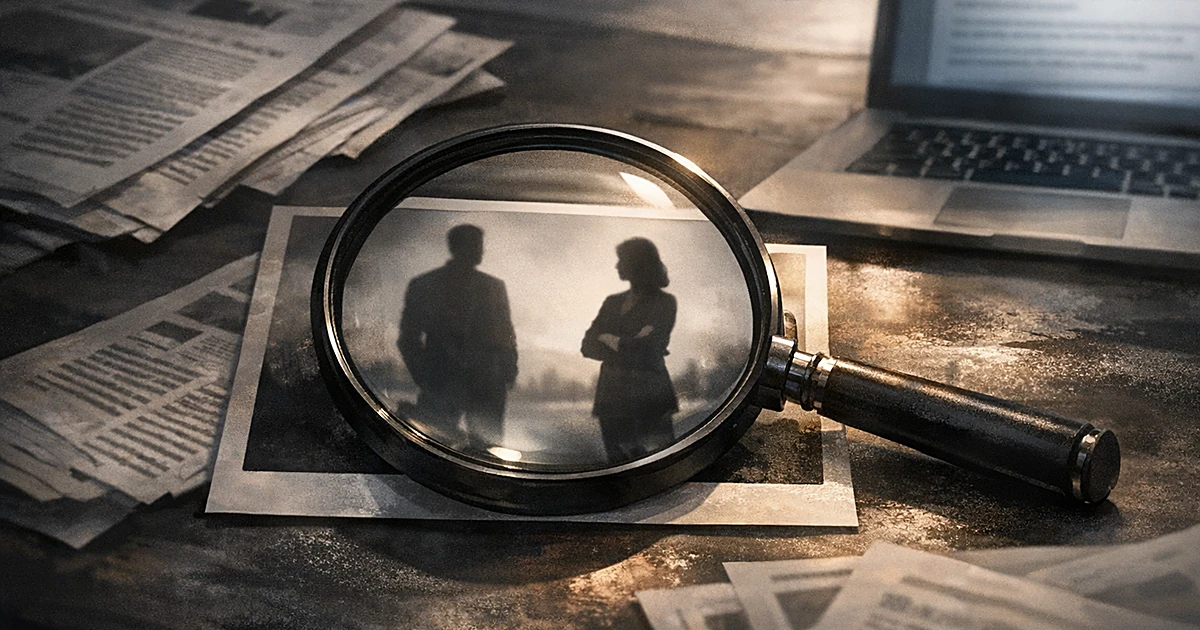Magnifying glass examining photograph of silhouettes on desk surrounded by newspapers and laptop in dramatic lighting