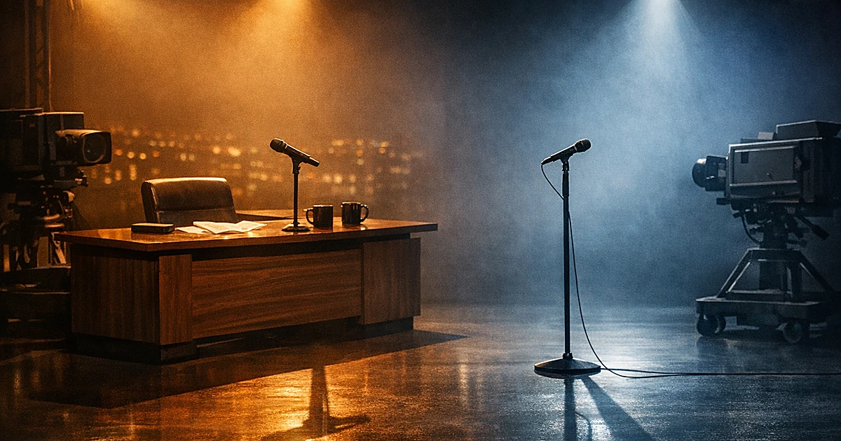 Two microphones face each other on a split stage with talk show desk, lit by contrasting spotlights and shadows