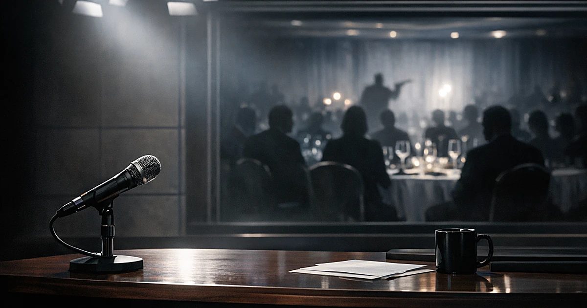 Empty late-night TV studio desk with microphone, overlooking shadowy formal dinner event with silhouetted figures