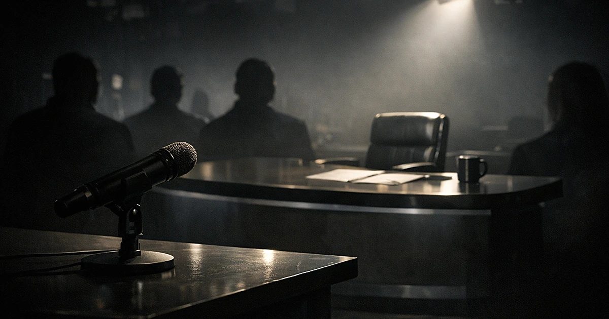 Empty late-night TV desk spotlit in darkness with silhouetted figures in background facing away from camera