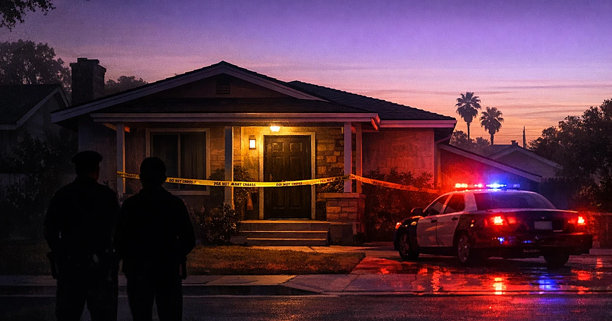 Police tape across a suburban home entrance at dawn with emergency vehicle lights reflecting on the facade