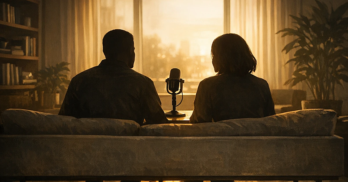 Two silhouettes sit together on a couch with a podcast microphone between them in a warmly lit room