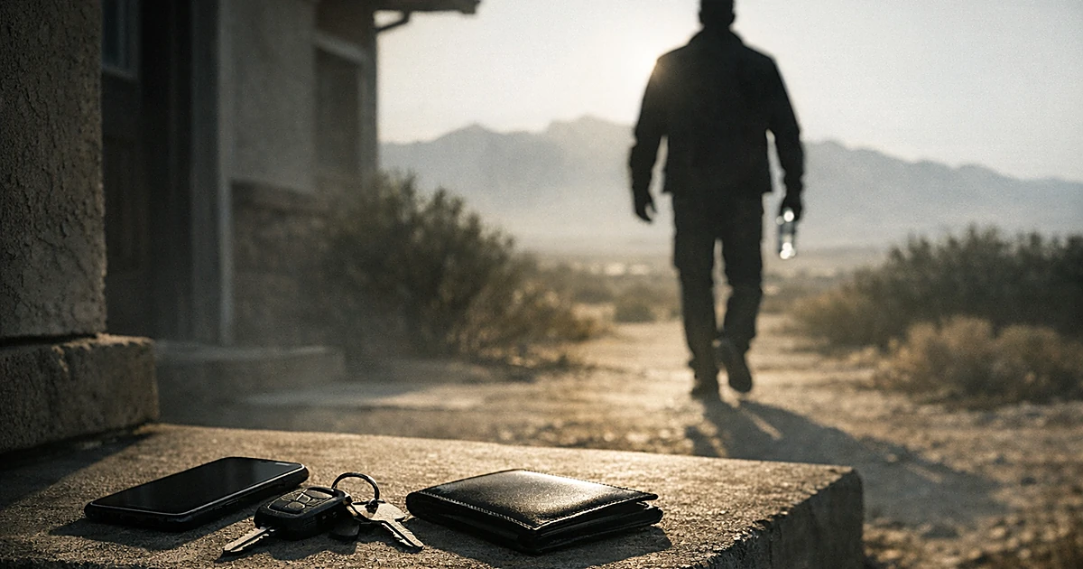 Silhouette of person walking away from house with abandoned phone, keys and wallet on doorstep in foreground