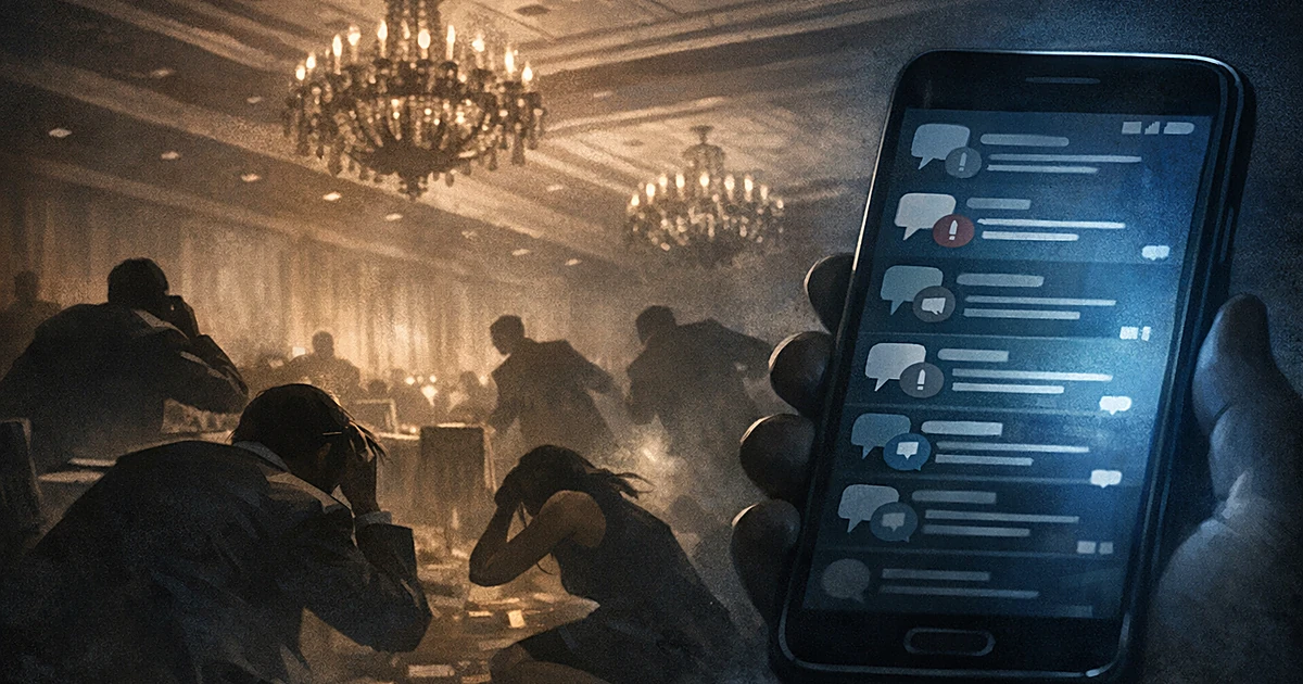 Silhouetted formal dinner guests react while smartphone displays glowing social media feed in dark ballroom setting