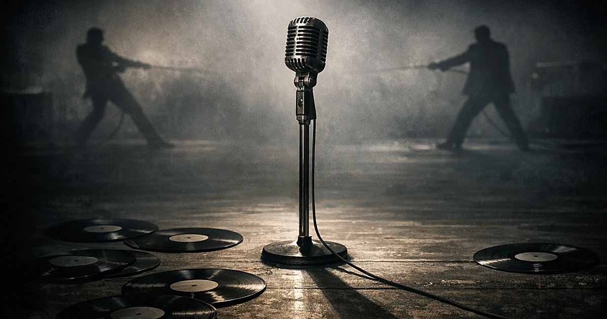 Vintage microphone on empty stage with scattered vinyl records and two distant silhouettes pulling apart