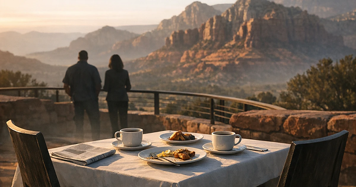 Breakfast table for two on resort terrace with red rock desert landscape in background, silhouetted figures distant