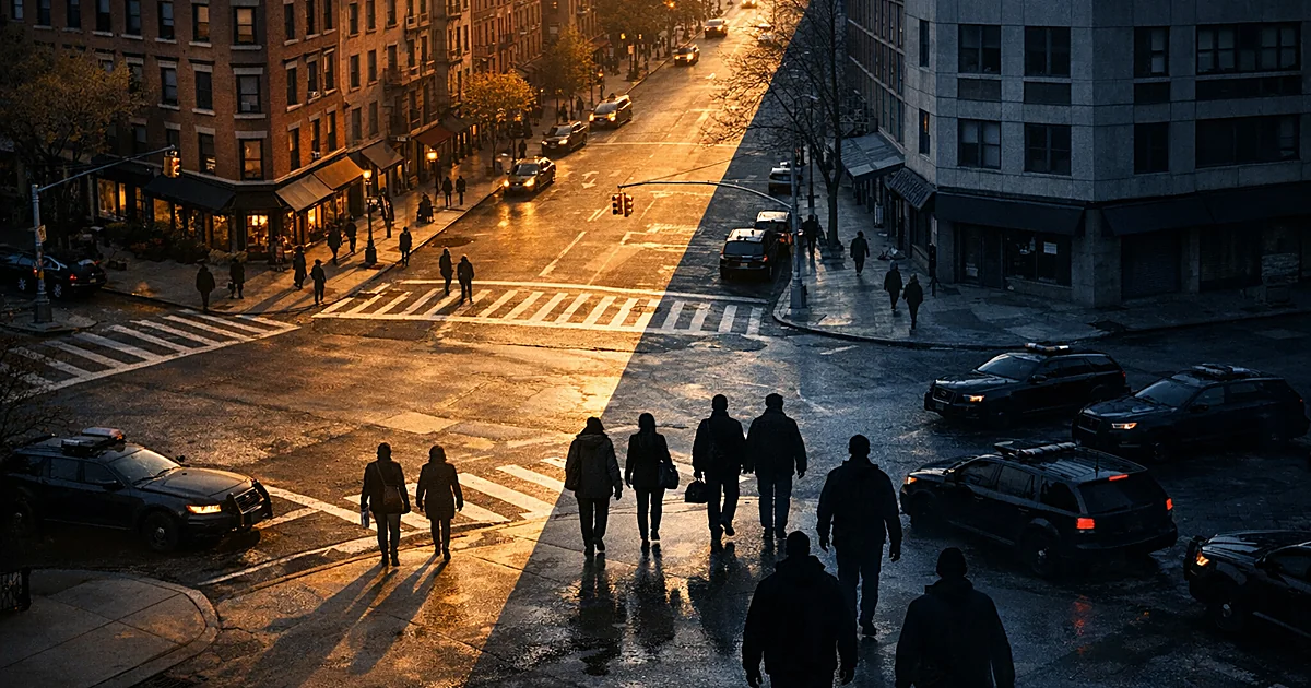Aerial view of NYC intersection split between illuminated and shadowed sections with silhouetted figures and vehicles