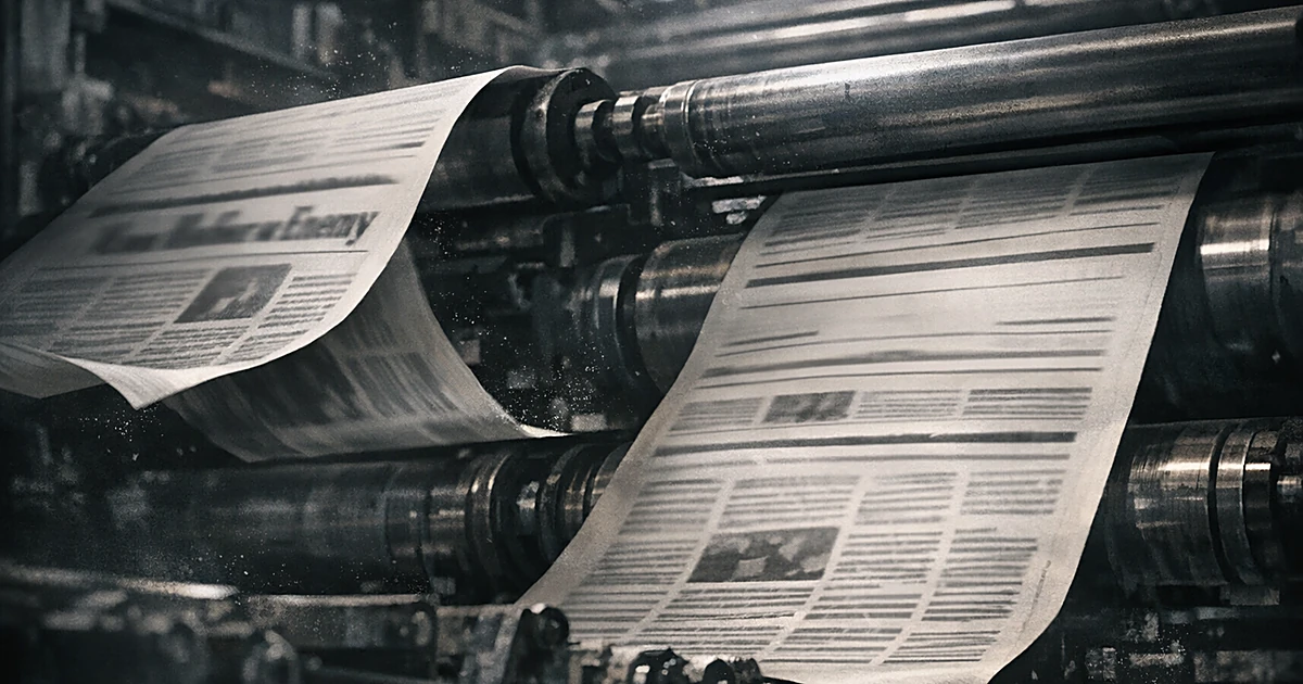 Newspaper printing press with two versions of same page, one being swapped for another in shadowy industrial setting