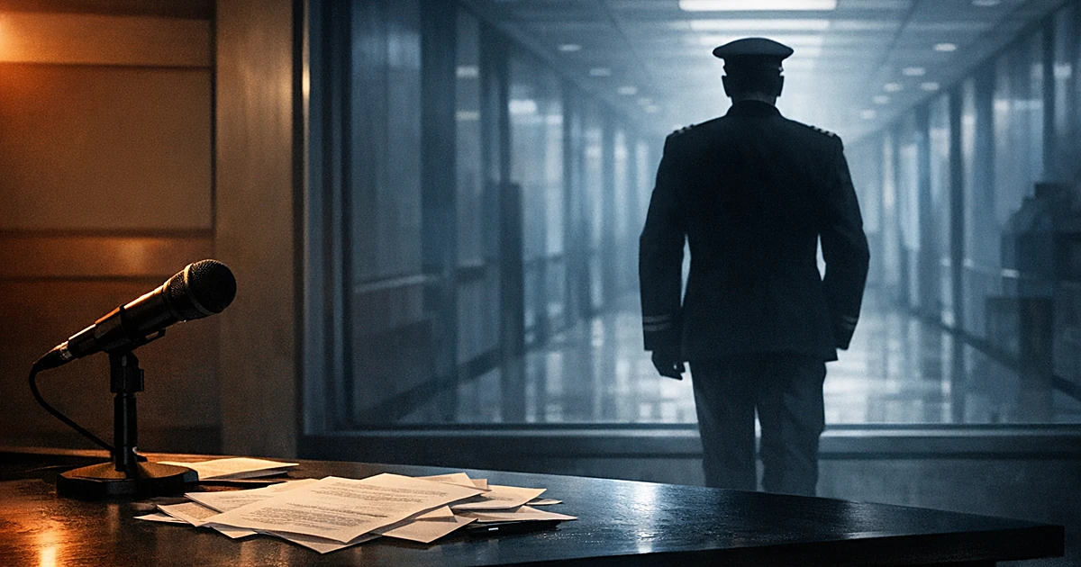 TV studio desk in foreground with military officer silhouette walking away in Pentagon corridor background