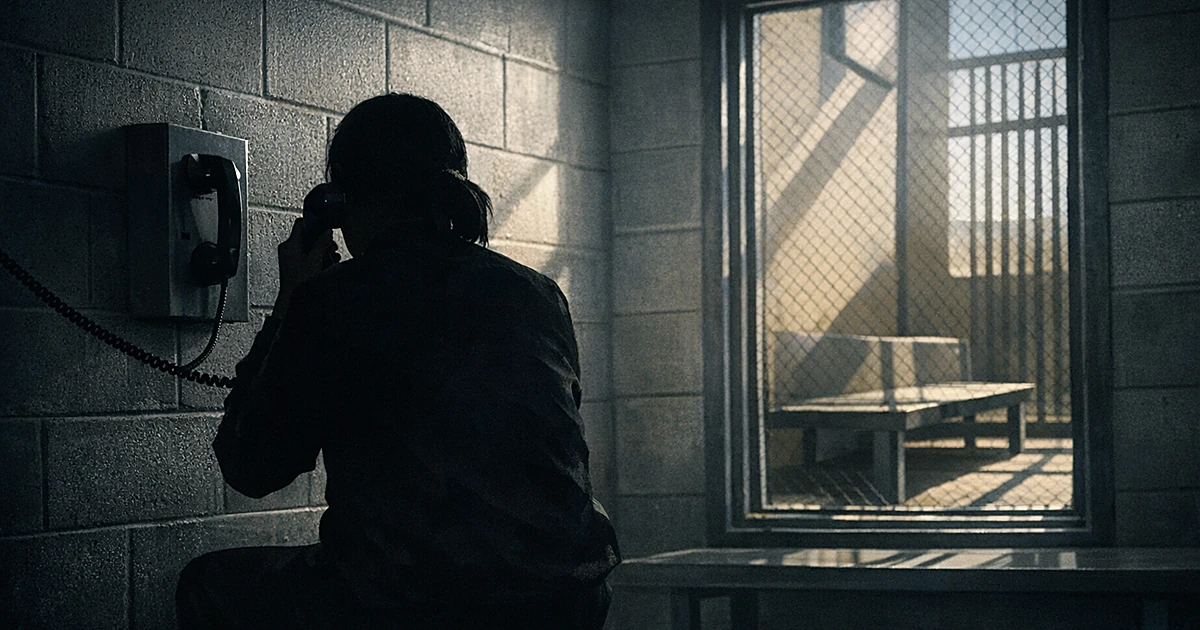 Silhouette of person on phone in detention facility with harsh light through barred window