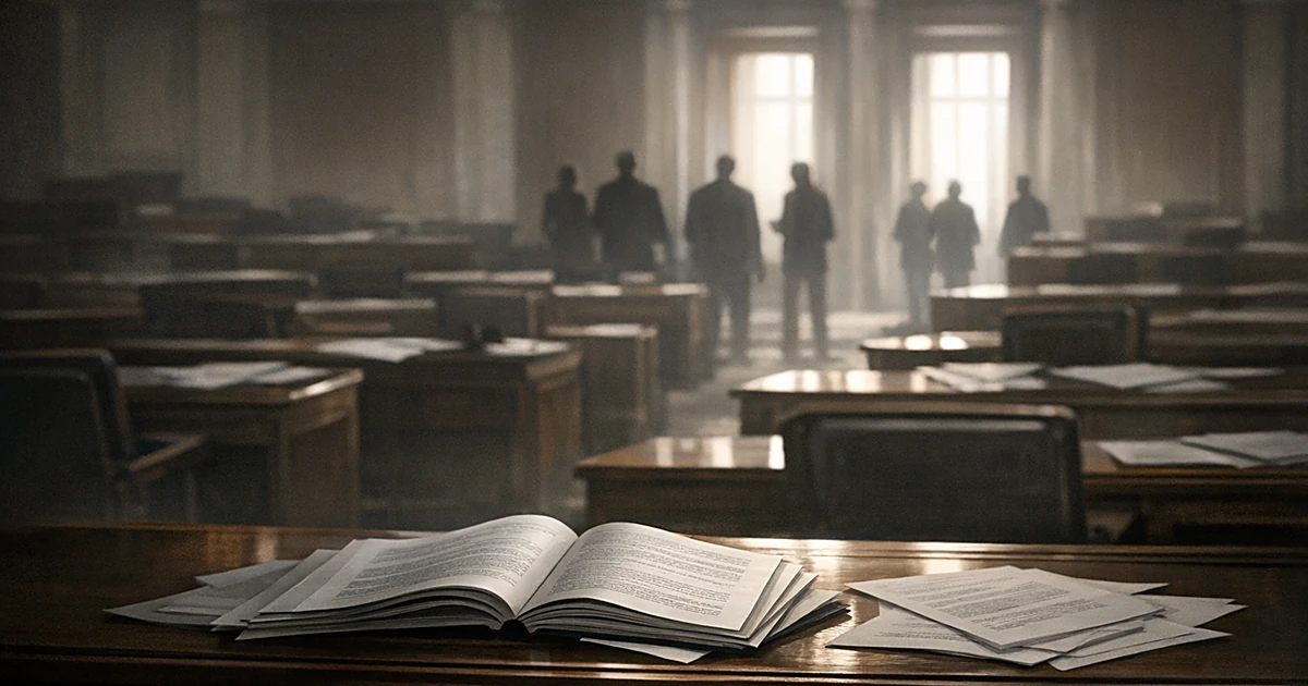 Empty legislative chamber with documents scattered on desks and distant silhouettes in doorways