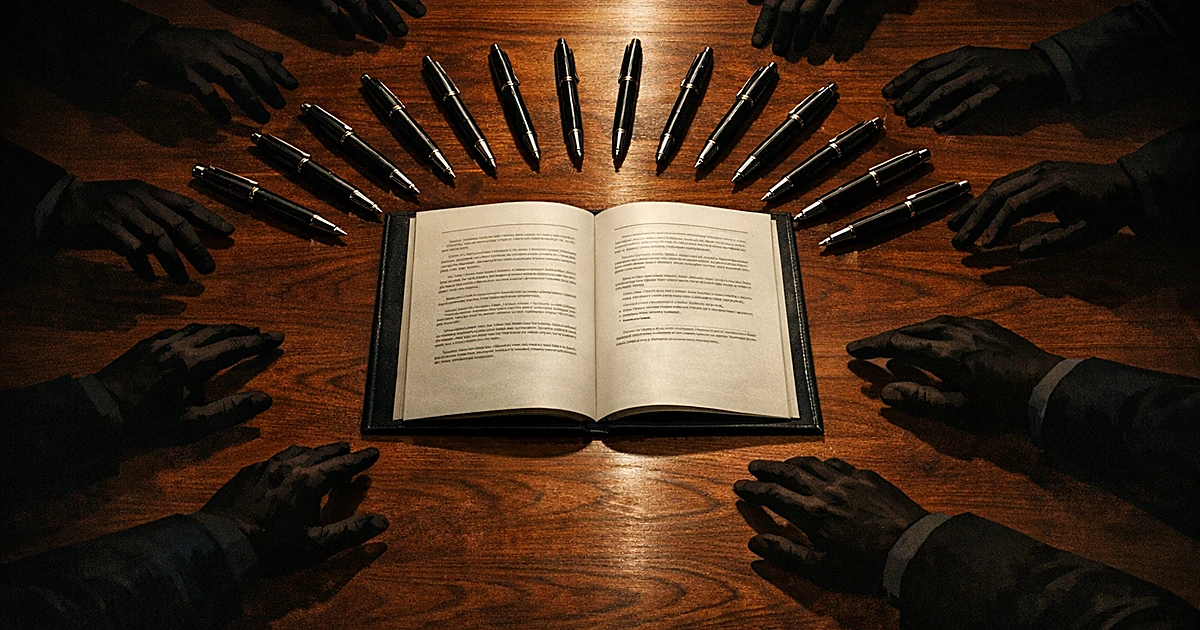 Overhead view of legislative desk with bill document surrounded by nineteen pens and silhouetted hands reaching toward them