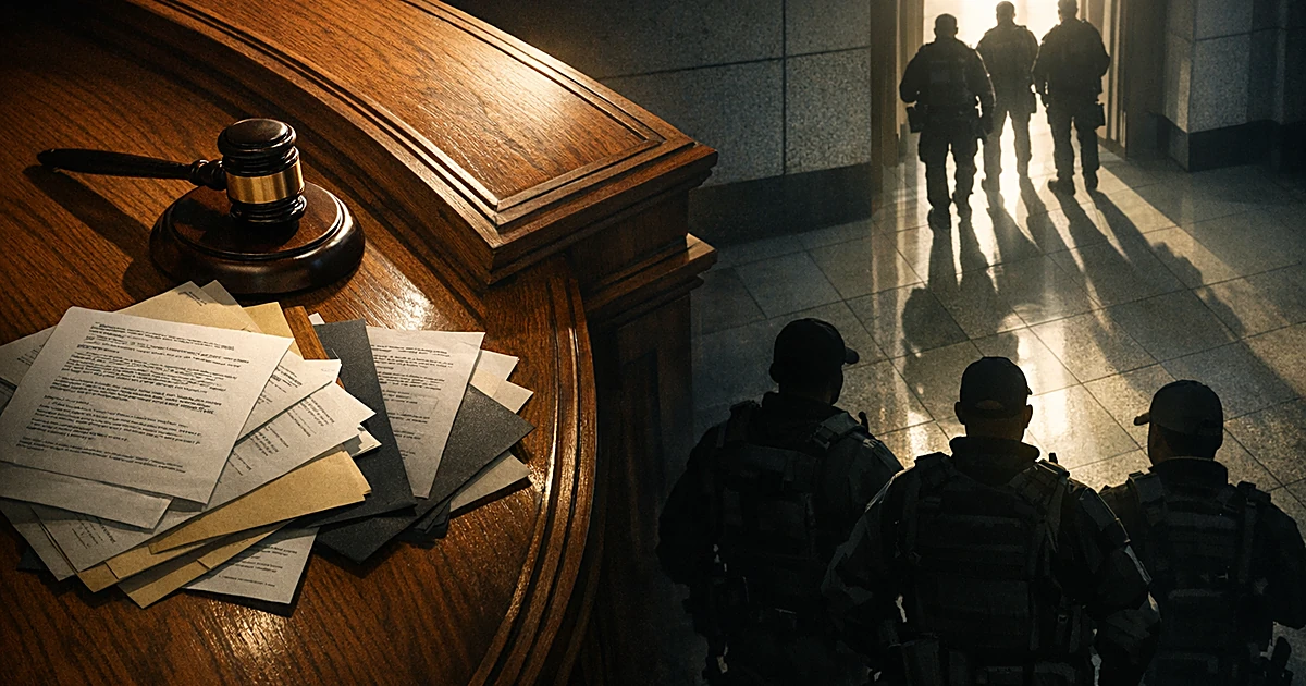 Overhead view of courtroom bench with gavel and silhouetted enforcement figures in government building corridor