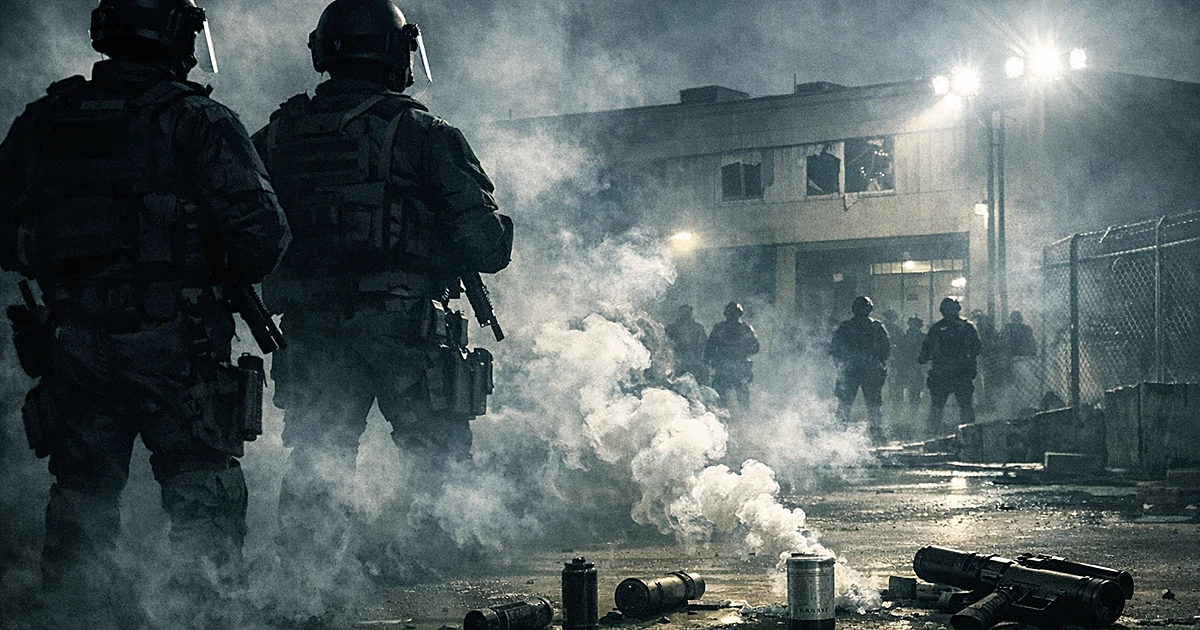 Silhouetted officers with crowd control equipment and tear gas outside institutional building at night