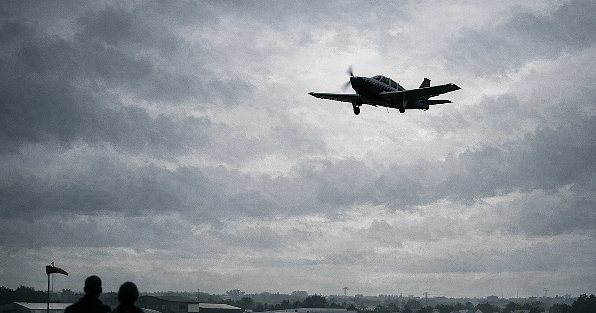 Small aircraft silhouetted against overcast sky climbing after takeoff from Minnesota airfield