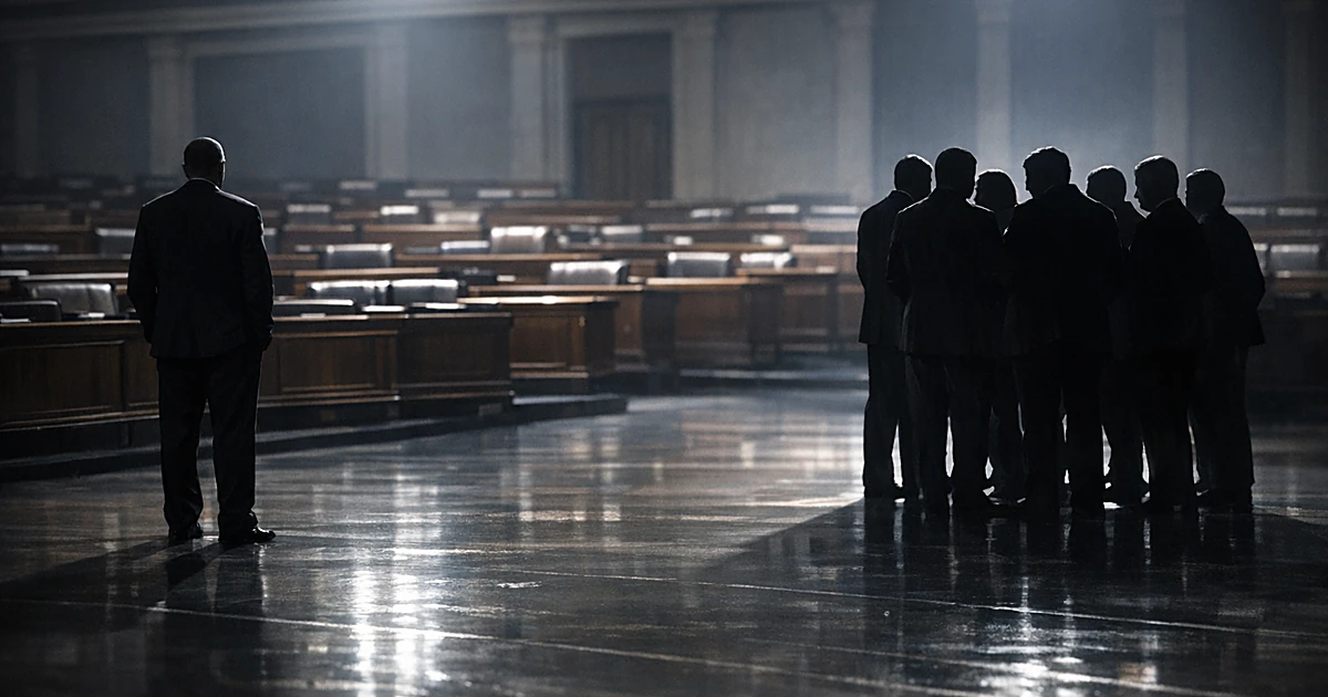 Isolated figure stands alone in legislative chamber while group of silhouettes clusters together on opposite side