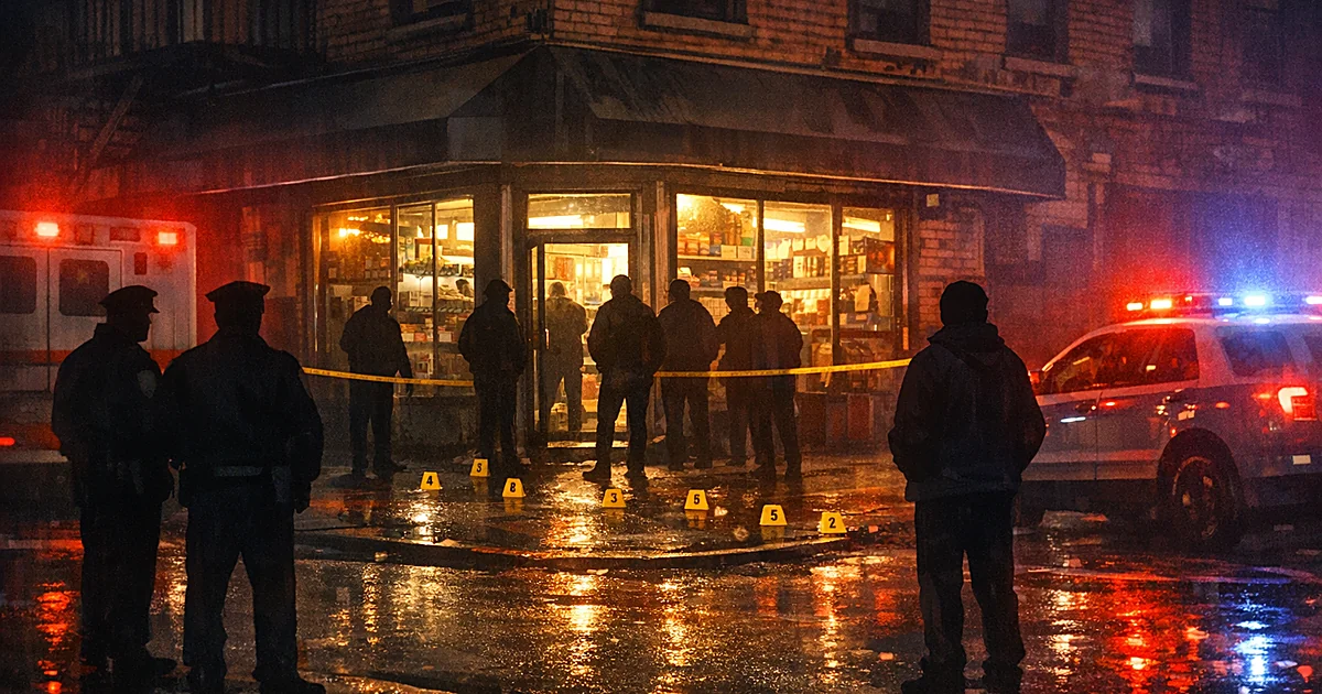 Night scene of corner deli with emergency lights reflecting on pavement and silhouettes outside storefront