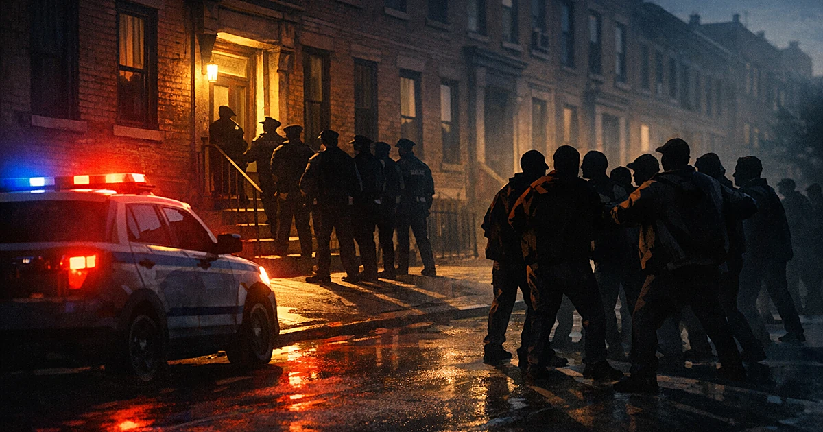 Silhouetted police officers and protesters face off near a Brooklyn residential building entrance at dusk