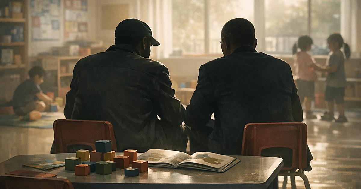Two silhouetted adults sit in small chairs in a sunlit preschool classroom with children's toys and books around them