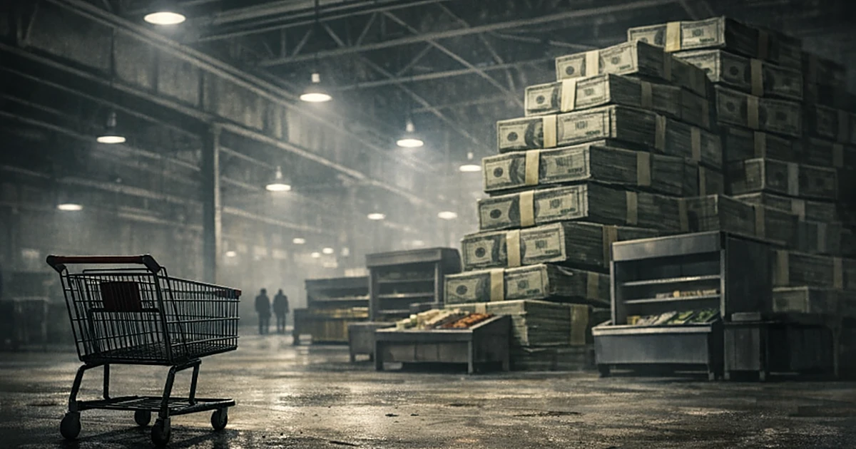 Empty marketplace interior with abandoned shopping cart and towering stacks of money in background