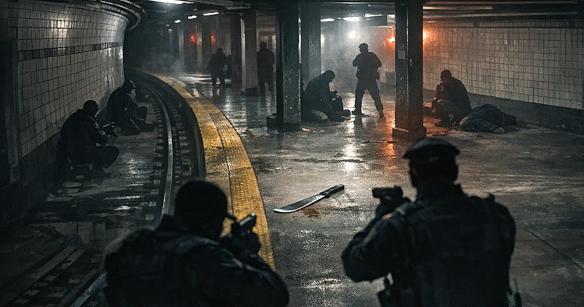 Subway platform scene with silhouetted figures and abandoned weapon on ground near tracks in emergency lighting