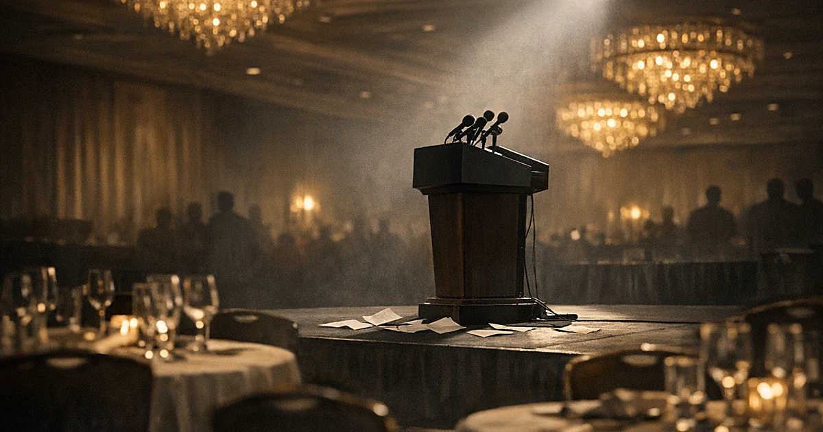 Empty podium with microphones on ballroom stage, scattered papers on floor, vacant formal dining tables in shadows