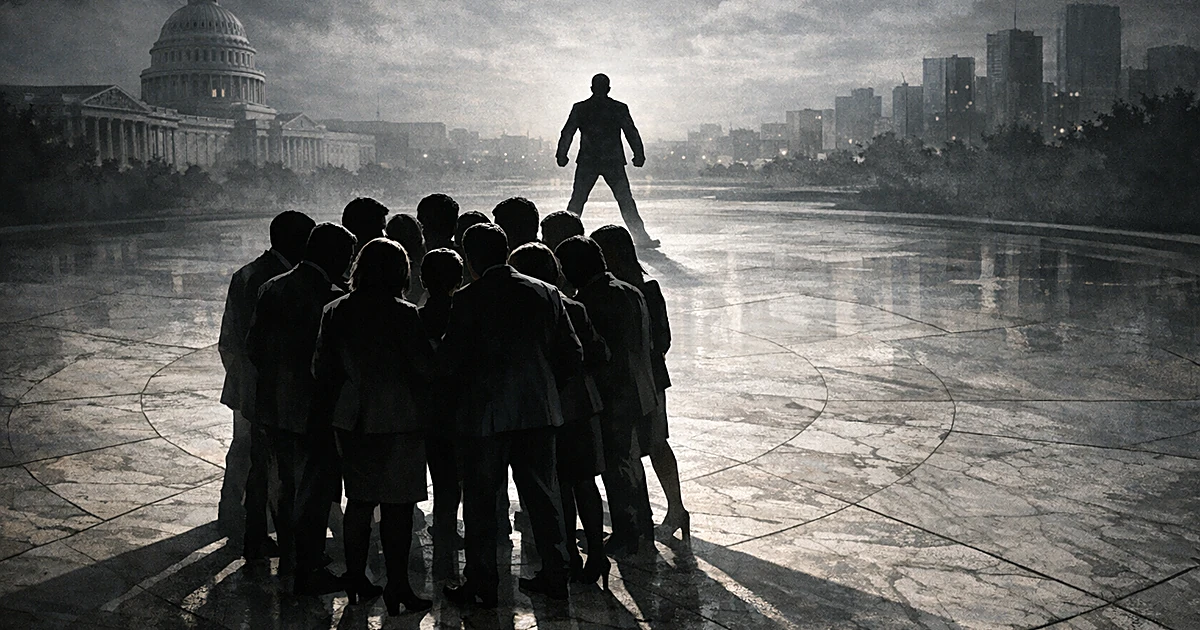 Silhouetted figures in tight circular formation with shadows converging, one figure facing outward in defensive stance