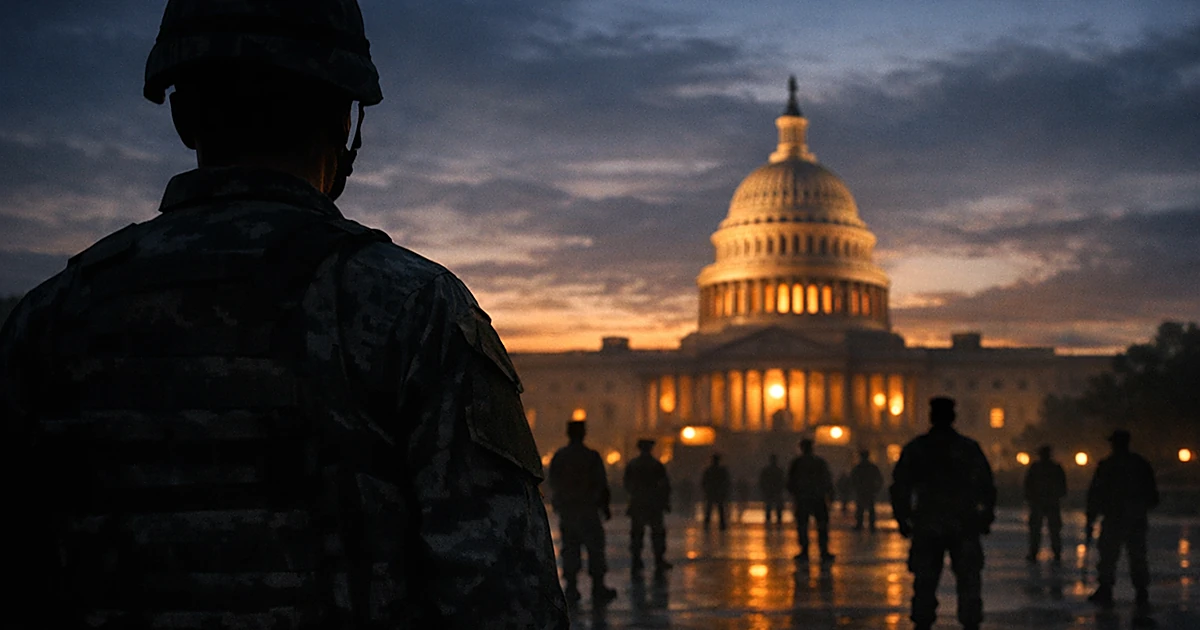 Silhouetted soldier facing distant government dome with other military figures scattered between them at dusk