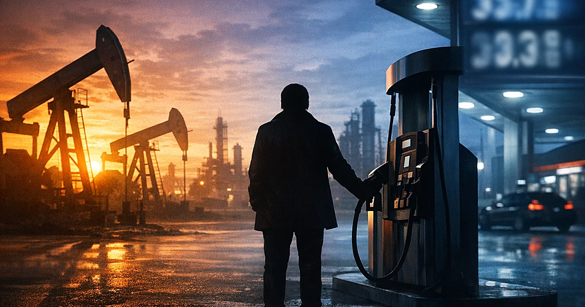 Silhouetted person at gas pump with oil derricks casting shadows, split lighting showing industry tension