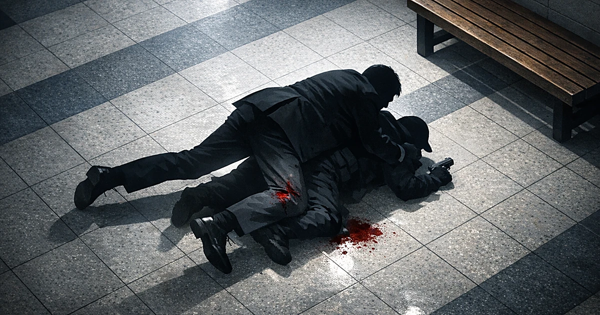 Silhouette of principal tackling armed intruder to ground in school lobby, showing act of heroism during confrontation