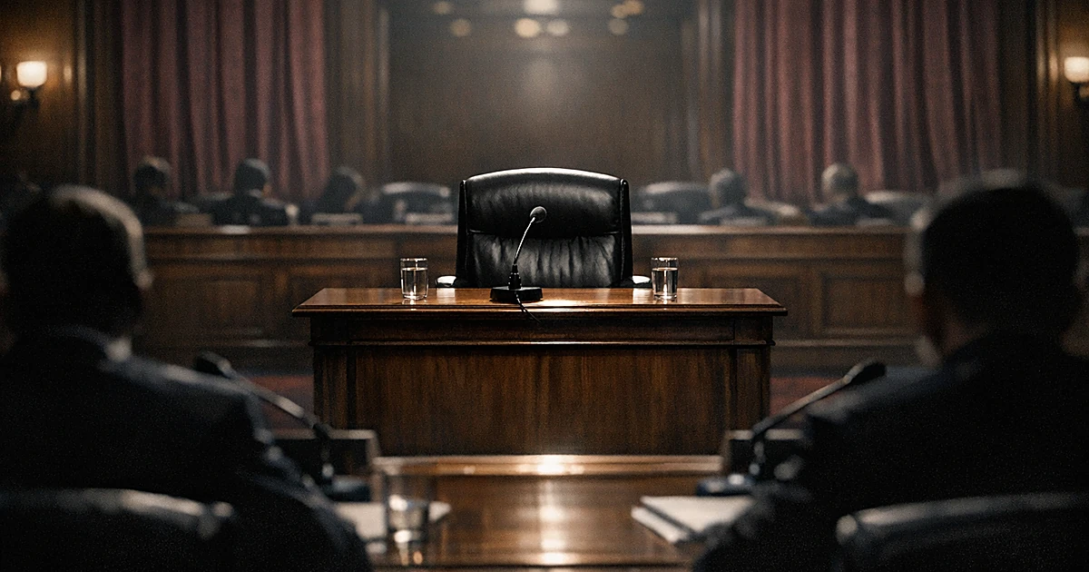 Empty witness chair at congressional hearing table with silhouetted figure in background, dramatic lighting