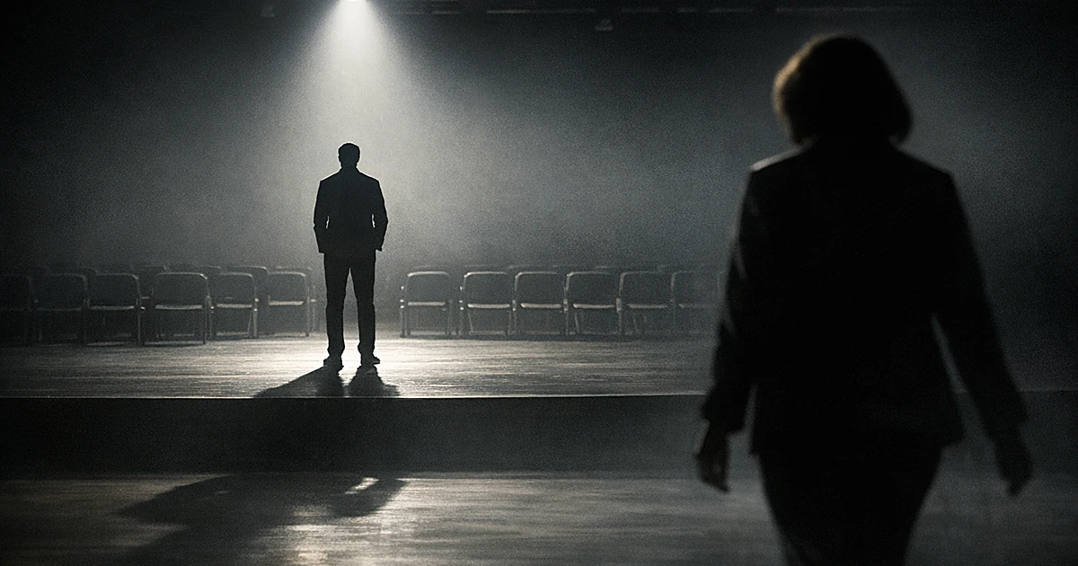 Silhouetted figure alone on lit stage while another figure walks away into darkness