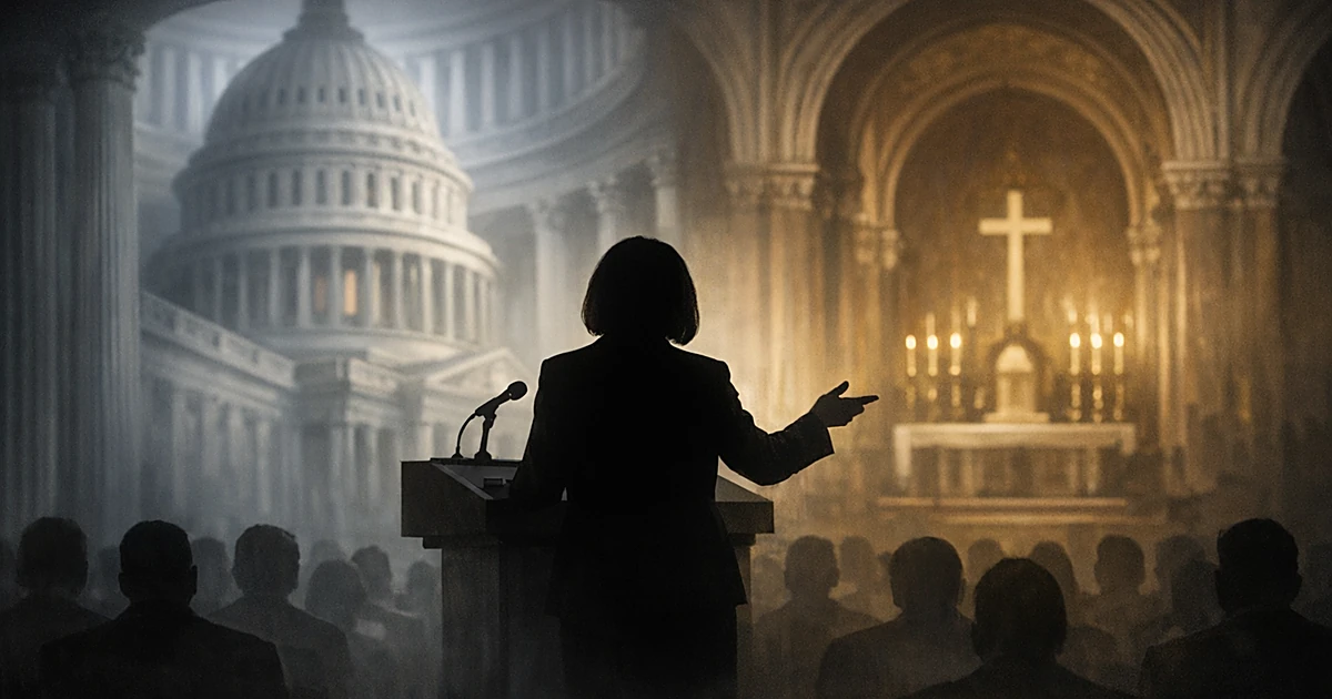 Silhouette at podium addressing audience with capitol and cathedral architecture visible in separated background spaces