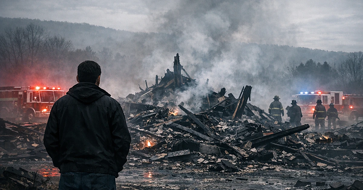 Silhouetted figure facing destroyed home reduced to charred debris with emergency responders in rural setting