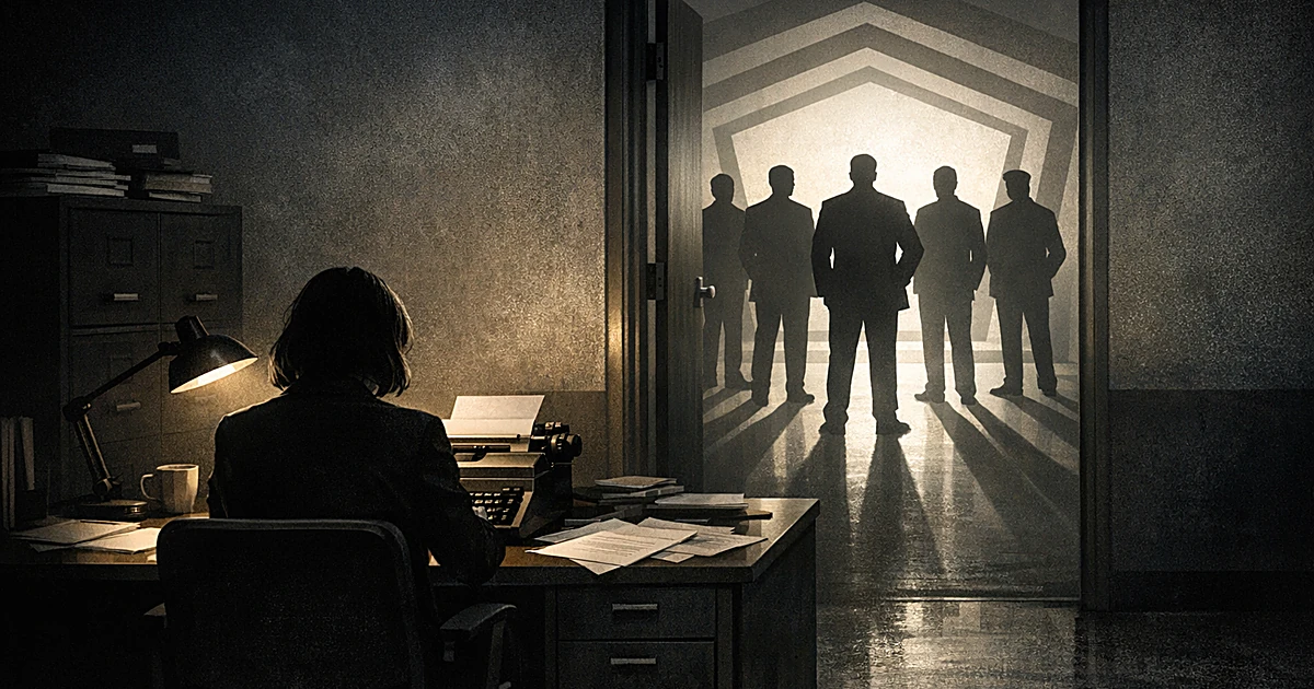 Silhouetted person at desk with typewriter while official figures loom in bright doorway behind them