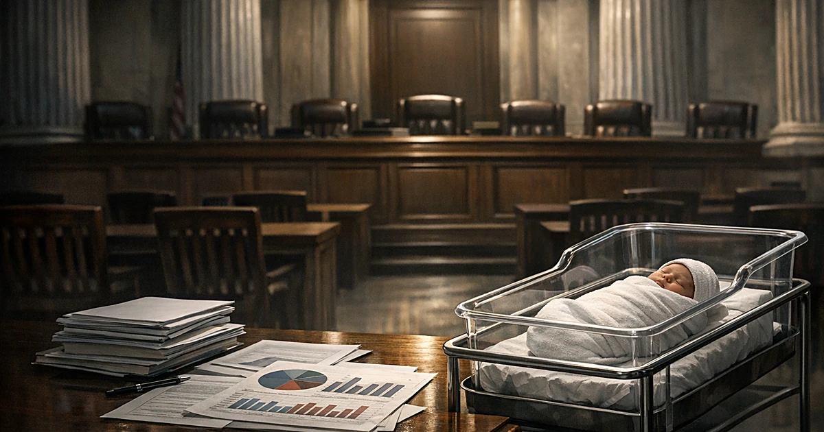 Hospital bassinet with documents in empty courthouse chamber with judicial bench and columns