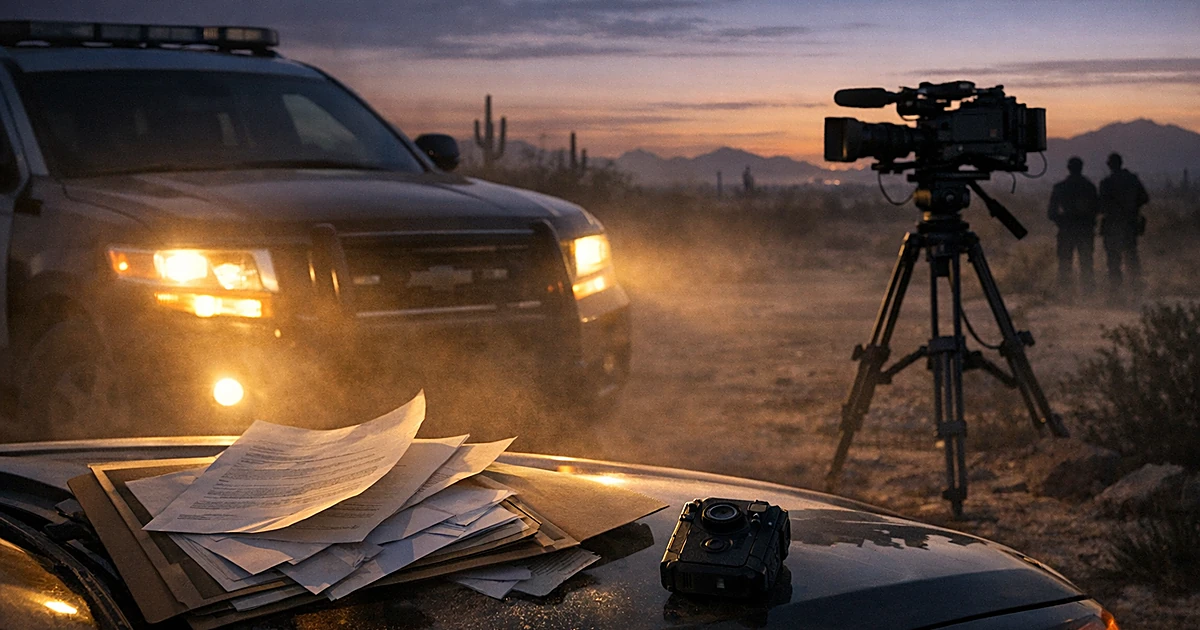 Sheriff vehicle with TV camera equipment and case files in desert at dusk