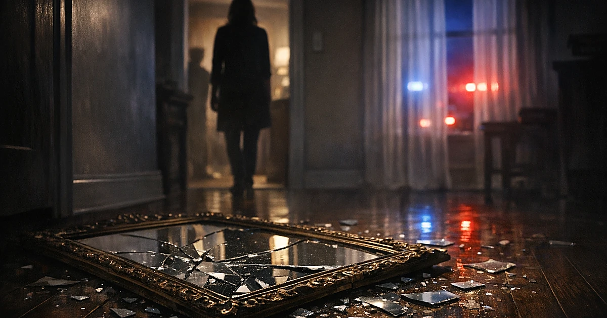 Shattered mirror on floor with glass fragments in dim residential hallway, emergency lights visible through window