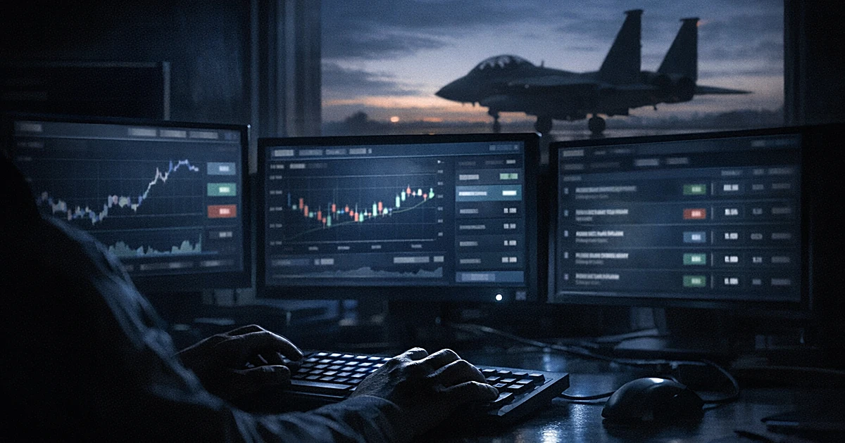 Silhouetted figure at computer monitors showing betting charts with distant aircraft visible through window