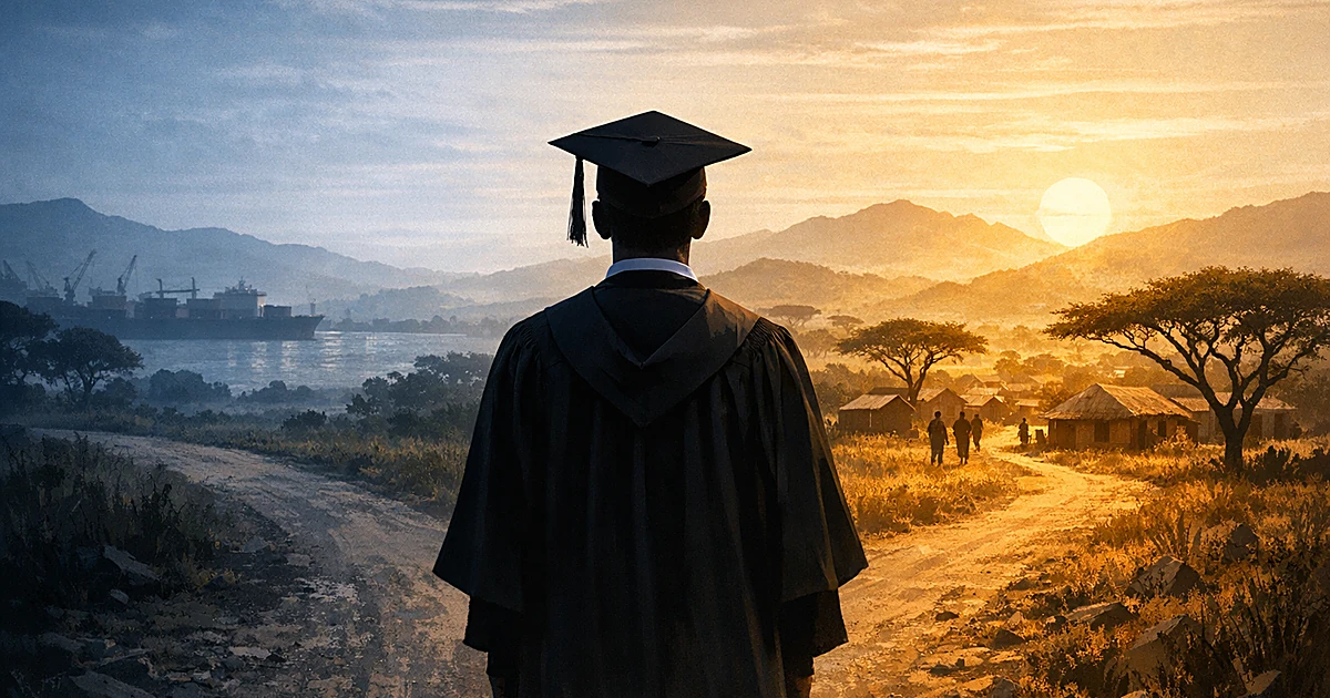 Graduate silhouette at crossroads between sunlit African village and distant harbor, symbolizing migration choice
