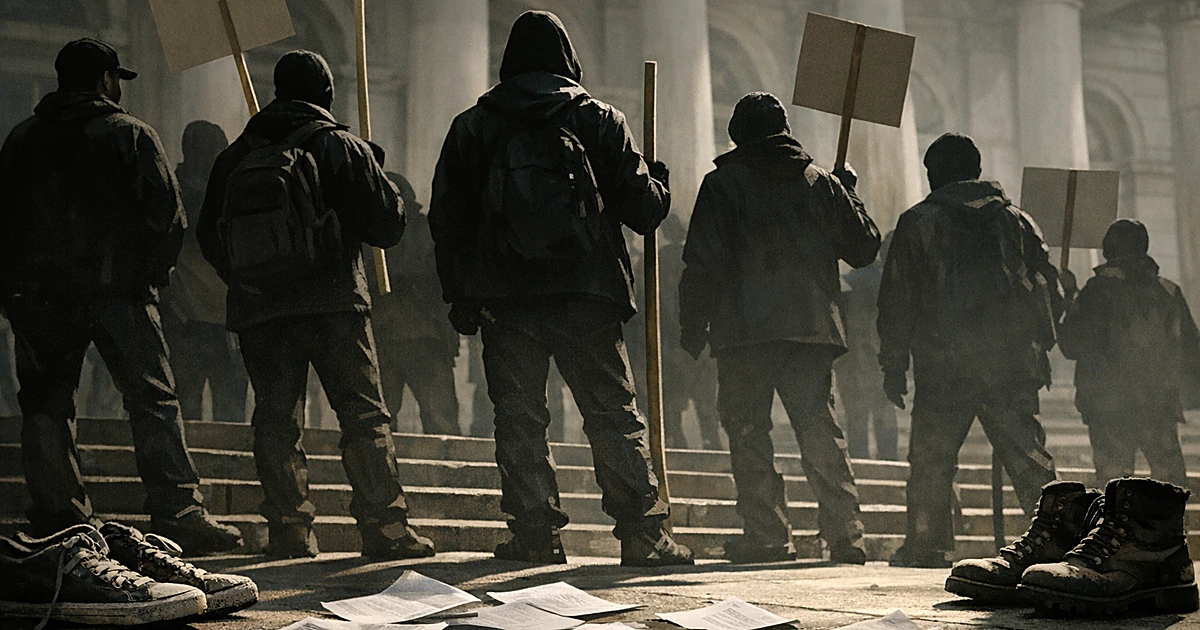 Silhouetted protesters with blank poles on steps of municipal building with classical columns